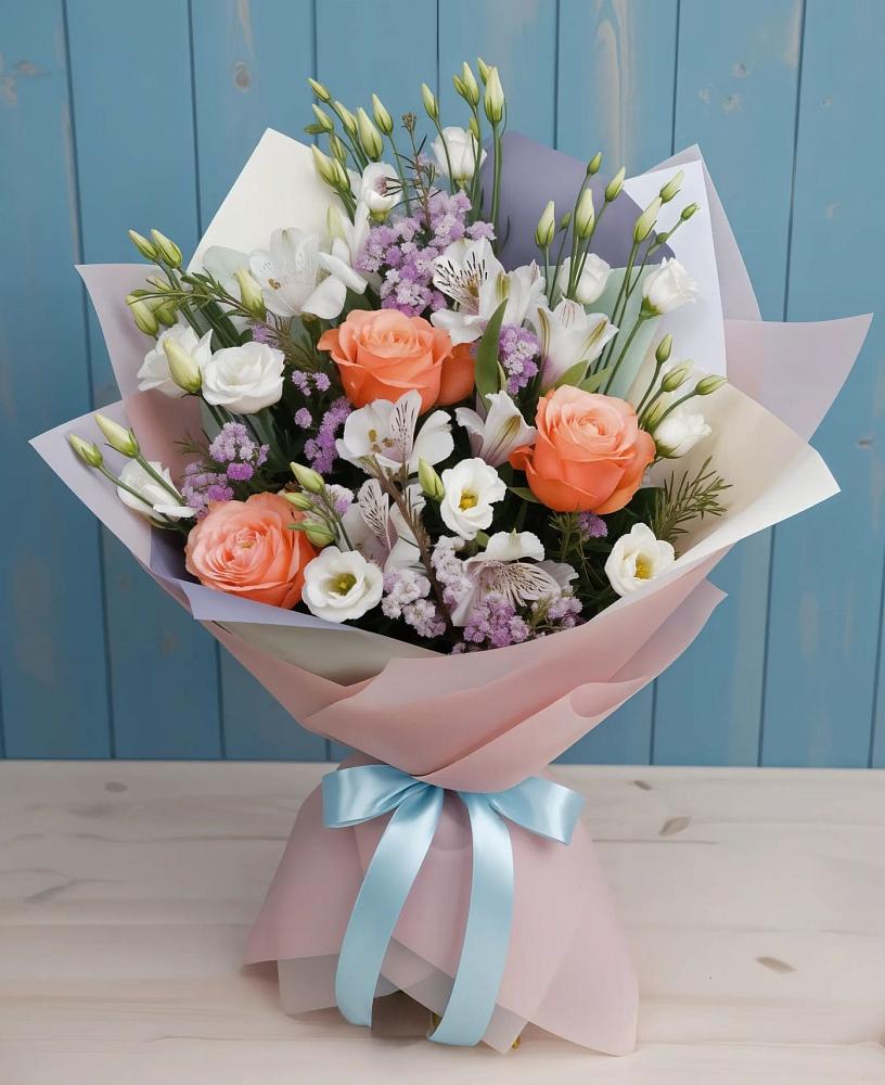 Букет цветов из: Лизиантусы, Розы, Альстромерии и Гипсофила в Дубовке Тульская область