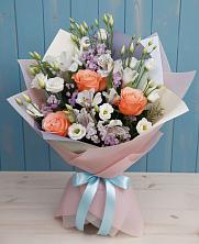 Букет цветов из:  Лизиантусы, Розы, Альстромерии и Гипсофила в Дубовке Тульская область